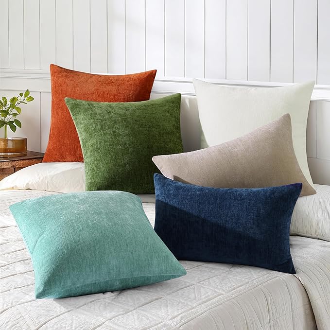 decorUhome Chenille Aqua Haze Throw Pillow Covers 24x24 Inch Set of 2, Decorative Soft Couch Pillow Covers Solid Dyed Accent Farmhouse Neutral Square Pillow Cases for Sofa