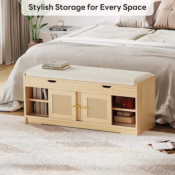 LIKIMIO 47.2" Shoe Bench with Lift Top Storage, Entryway Bench with Cushioned Seat, 2-Tier Rattan Shoe Cabinet with Adjustable Shelf, Storage Bench for Bedroom, Living Room, Hallway, Natural