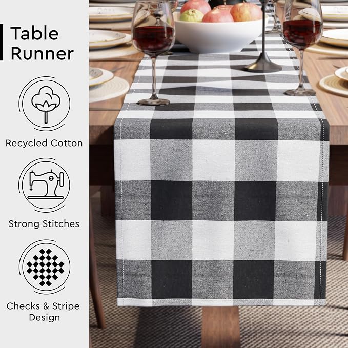 Encasa XO Cotton Dining Table Runner | Buffalo Black Checks | Size 13x72 in - Machine Washable & Durable