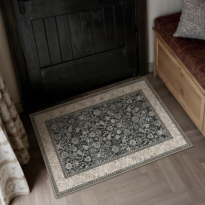 HUGEAR 2x3 Entryway Rug Machine Washable Area Rug Black Beige Small Rugs Door Mat Indoor Accent Carpet Floral Low Pile Distressed Throw Rugs Kitchen Office Non Slip