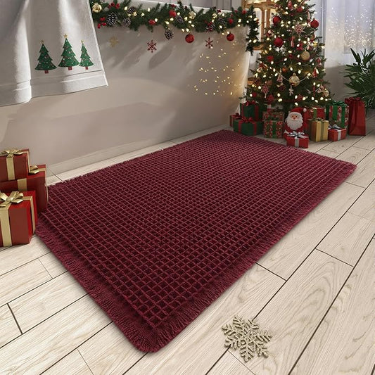 AMOAMI Upgraded Waffle Bath Mat, Super Absorbent Non Slip Bath Mats for Bathroom Floor, Washable Bathroom Rugs with Tassels, Rubber Backed Bathroom Mats, Ultra Soft, 24" x 36", Burgundy