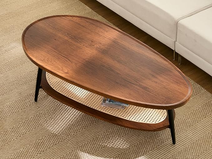 Shrine Oval Wood and Rattan Coffee Table, Mid-Century Modern Coffee Table, Two-Tier Brown Walnut Table for Living Room, D47.2''x W25''x H15.3'', Walnut Wood Top and Woven Rattan Base