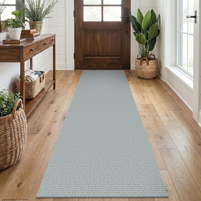 EARTHALL Washable Runner Rug 2x7 Ft Non Slip Runners for Hallways Cotton Rubber Backed Kitchen Runner Braided Indoor Floor Carpet Runners for Entryway, Hallway, Kitchen, Bedroom, Turquoise/Gray