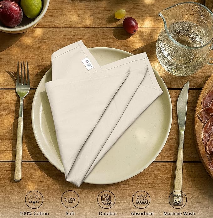 Ruvanti Cloth Napkins Set of 12, 100% Cotton High GSM 18x18 Inches Soft, Washable, Highly Durable & Absorbent, Perfect for Parties, Christmas, Thanksgiving Dinners – Antique White