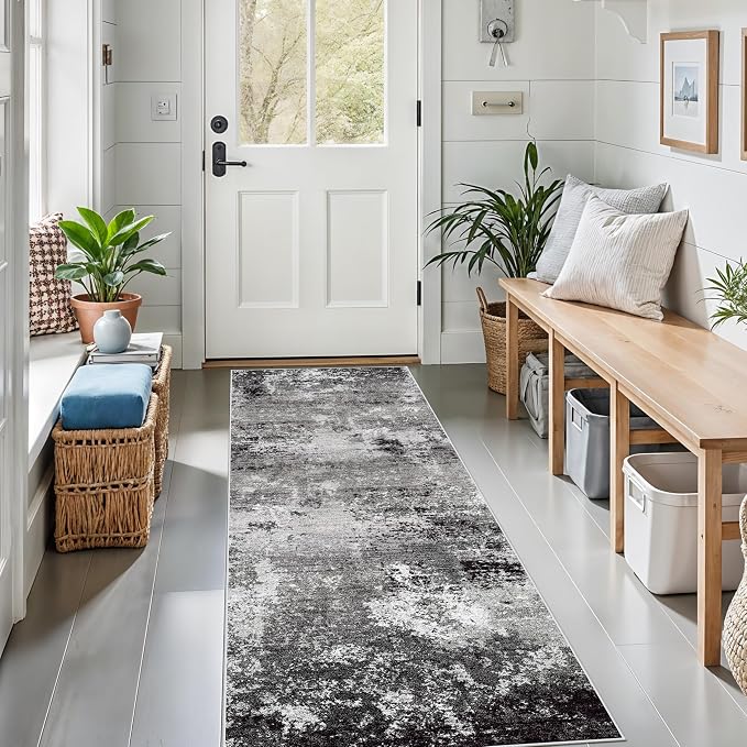 2x6ft Washable Kitchen Runner Rug – Non-Slip Low-Pile Floor Carpet Runner for Indoor Hallway, Bedroom, Bedside & Entryway, Modern Abstract Neutral (Black Grey,2x6)