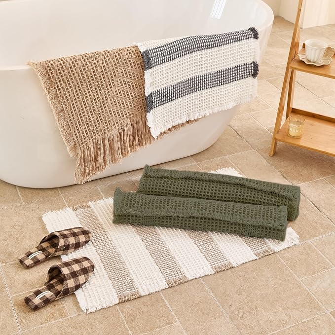 Waffle Bath Mat Non Slip, Boho Runner Rug, Super Absorbent Quick Dry Long Bath Runner Bathroom, Soft Farmhouse Bath Rug with Tassels, Washable Shower Mats for Floor 24"x48", Olive Green