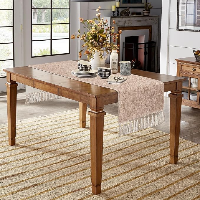 yuboo Boho Table Runner 48 Inches - Neutral Coffee Table Runner for Living Room, Summer Table Decor, Small Round Dining Table, Dresser Scarves (55" with Tassels)