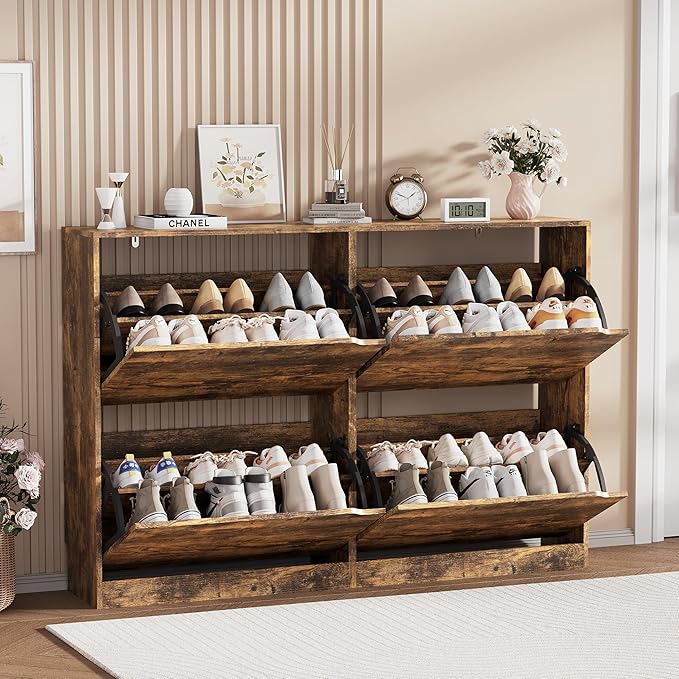 Shoe Storage Cabinet, Wood Shoe Organizer for Entryway with 4 Flip Drawers, Freestanding Shoe Rack with Adjustable Shelf, Narrow Shoe Dresser for Front Door Entrance(Brown, 47.24" x 32.28" x 9.44")