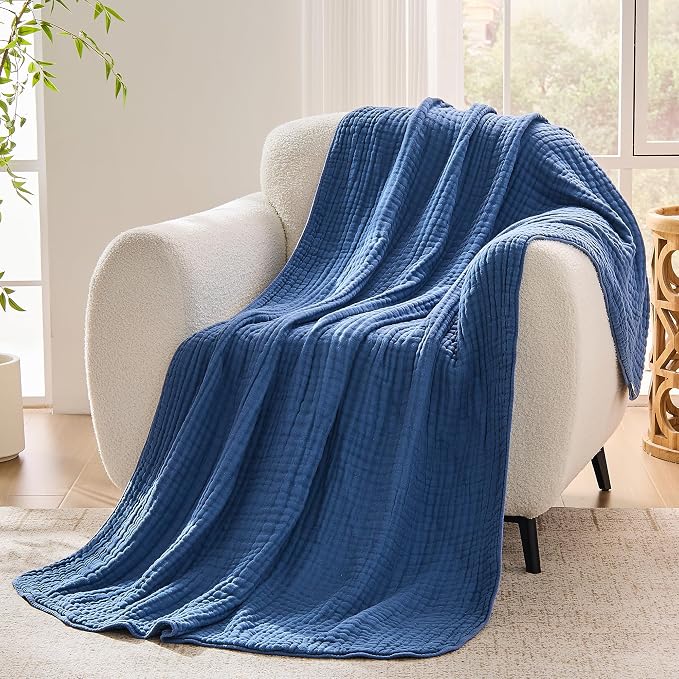 VANJOROY 9-Layer Muslin Throw Blanket King 90" x 108" Blue, 100% Cotton Organic Breathable Lightweight Large Throw for Couch Bed Quilt and Bedspread - All Season Muslin Soft Gauze Blanket