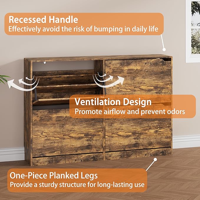 Shoe Storage Cabinet, Wood Shoe Organizer for Entryway with 4 Flip Drawers, Freestanding Shoe Rack with Adjustable Shelf, Narrow Shoe Dresser for Front Door Entrance(Brown, 47.24" x 32.28" x 9.44")
