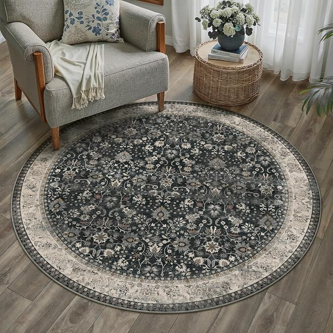 HUGEAR Round Rug 4ft Entryway Rugs Machine Washable Black Beige Hallway Area Rug 4x4 Small Circle Accent Rug Floral Low Pile Carpet Soft Throw Rug Living Room Office Laundry Room Entrance Non Slip