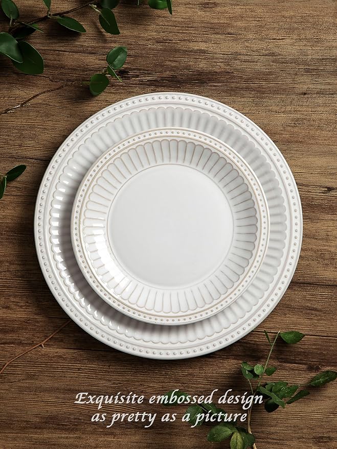 Famiware Garden 18-Piece Embossed Plates and Bowls Sets, Stoneware Reactive Glaze Dishes Dinnerware Set, Modern Rustic, Chip & Scratch Resistant, Microwave & Dishwasher Safe, Service for 6, White