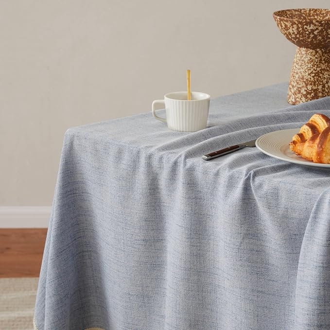 Linen Tablecloth with Tassels, Farmhouse Style Blue Tablecloth, Water Resistant Burlap Tablecloths for Round Table, 60 Inch Round Blue