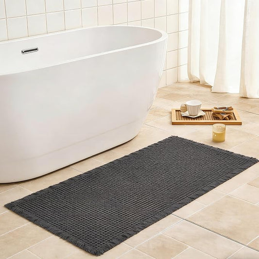 Waffle Bath Mat Non Slip, Boho Bathroom Rug, Super Absorbent Quick Dry Bathroom Mat, Soft Farmhouse Bath Rug with Tassels, Small Washable Shower Mats for Floor 24"x36", Dark Grey