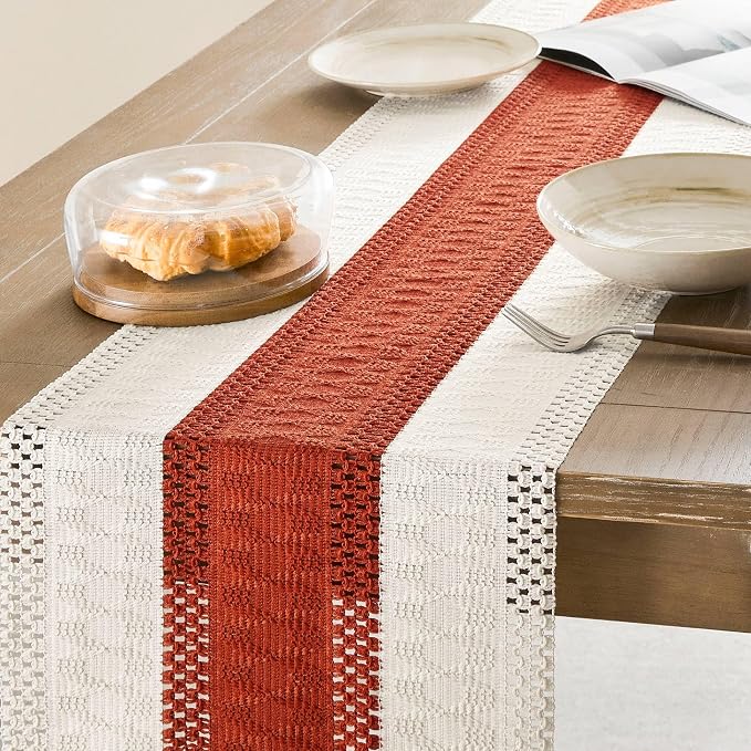 ZeeMart Macrame Style Bicolor Stitching Table Runner, 14 x 90 Inch Orange/Ivory, Boho Burnt Orange Fall Table Runners 90 Inches Long, Farmhouse Woven Fall Home Decor
