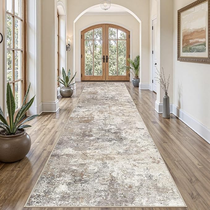 UERMEI 3x12 Washable Runner Rug for Hallway, Non Slip Low Pile Kitchen Carpet, Neutral Modern Abstract Indoor Floor Mat for Entryway Laundry, Kid & Pet Safe High Traffic Area, Brown Grey