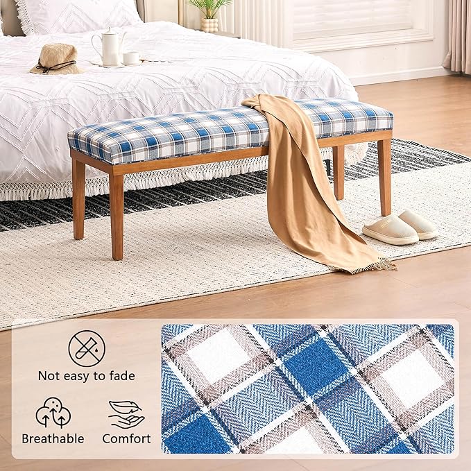 Rowill 53 Inch Long Entryway Bench for Bedroom End of Bed, Dining Room Bench with Upholstered Padded Seat and Solid Wood Leg for Kitchen, Living Room, Indoor and Hallway, Blue