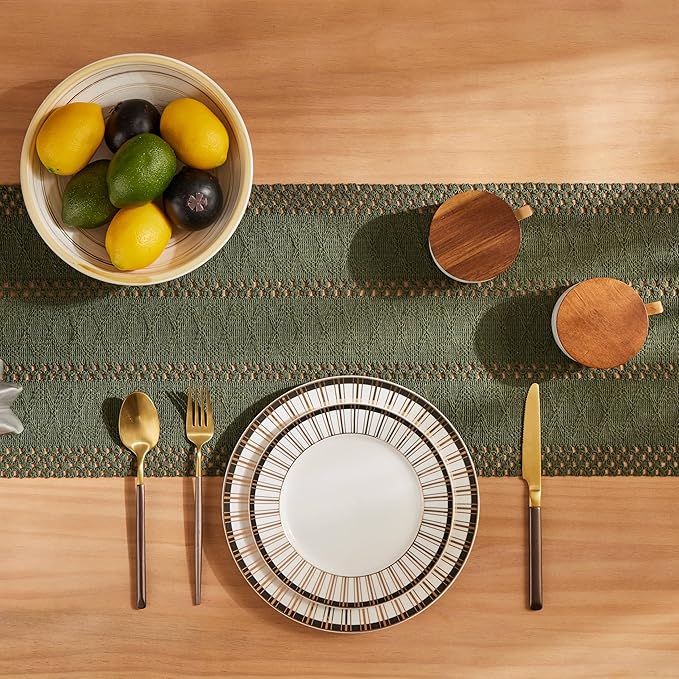 ZeeMart Macrame Style Boho Table Runner, Olive Green Table Runners 36 Inches Long, Farmhouse Woven Home Decor, 12x36 Inch, Olive