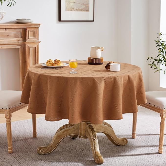ZeeMart Linen Checked Table Cloth 52 Inches Round, Farmhouse Style Plaid Embroidered Water Resistant Table Cover, Caramel