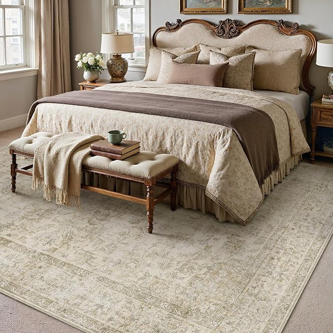 HUGEAR Retro Beige Area Rug 8x10 Machine Washable Living Room Rugs Distressed Vintage Floral Low Pile Carpet Bedroom Office Dining Room Laundry Room Non Slip Soft Lightweight