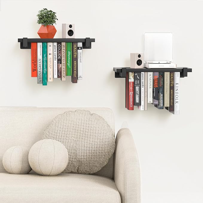 NANATI 2 Set of Floating Bookshelf, Pine Wood Invisible Bookshelf, Hanging Bookshelves for Wall, Unique Space Saving Wall Bookcase, New Black (16.5L×8.7W×1.5H)