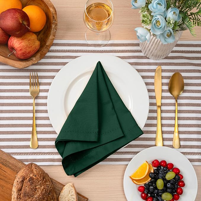 Blue Needles Set of 12 Hemstitch Linen Napkins 100% Cotton Forest Green Cloth Dinner Napkins 18x18 inches, Soft, Reusable, Absorbent, Washable, Ideal for Spring Summer Easter Parties & Everyday Use