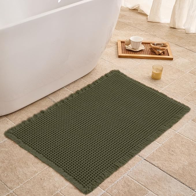 Waffle Bath Mat Non Slip, Boho Bathroom Rug, Super Absorbent Quick Dry Bathroom Mat, Soft Farmhouse Bath Rug with Tassels, Small Washable Shower Mats for Floor 16"x24", Olive Green