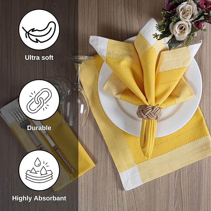 Bedding Craft Cotton Cloth Napkins Set of 12 – 20x20 Yellow Multi Double Hemstitched – Machine Washable Fabric Dinner Napkins for Weddings, Parties & Table Settings