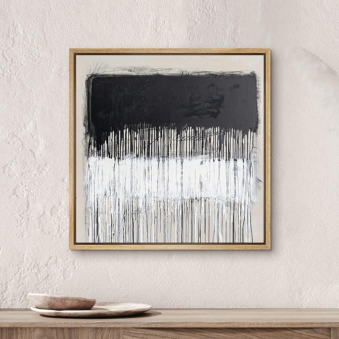 SIGNWIN Framed Canvas Print Wall Art Dripping Black & White Color Blocks Abstract Shapes Modern Art Alternative Dark for Living Room, Bedroom, Office - 24"x24" Natural