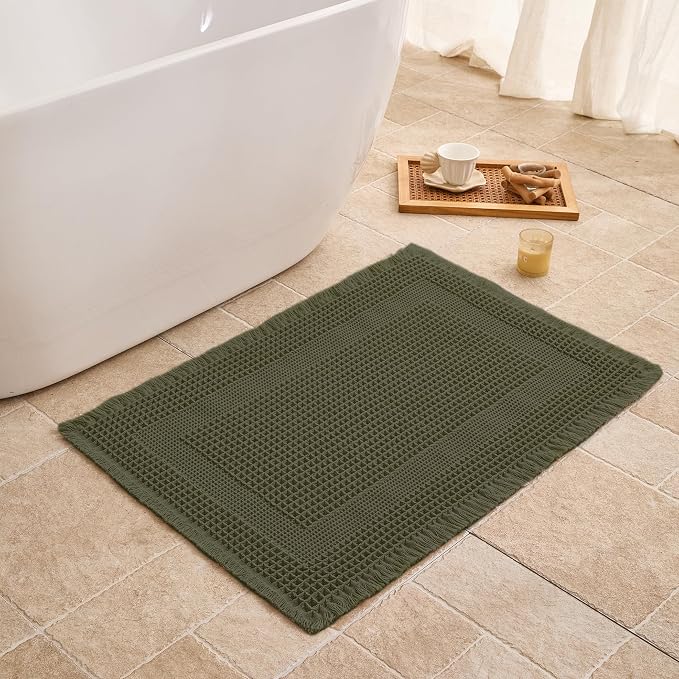 Waffle Bath Mat Non Slip, Boho Bathroom Rug, Super Absorbent Quick Dry Bathroom Mat, Soft Farmhouse Bath Rug with Tassels, Small Washable Shower Mats for Floor 20"x32", Square Olive Green