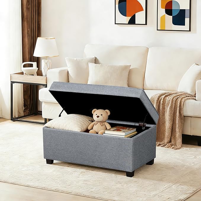 Adeco 31 Inches Storage Ottoman Bench, Non-Folding End of Bed Foot Rest Stools Ottoman with Thicker Foam Padded Seat, Upholstered Storage Chest for Living Room, Entryway, Bedroom