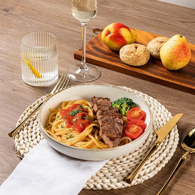 AmorArc Dinnerware Sets with Pasta Bowls for 6, Handpainted Stoneware Plates and Bowls Set with Rustic Terracotta Underside, Scratch Resistant Dishes Set, Dishwasher & Microwave Safe, 24 Pcs