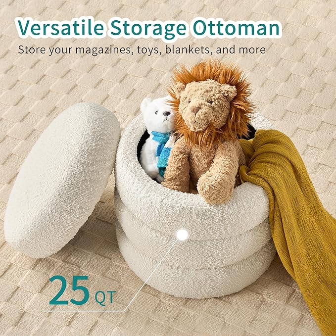 Busaurus Round Ottoman with Storage for Living Room Small Boucle Foot Stool Modern Upholstered Vanity Stool Ottoman Foot Rest for Dorm Corner Home Decor, Set of 2 (White)