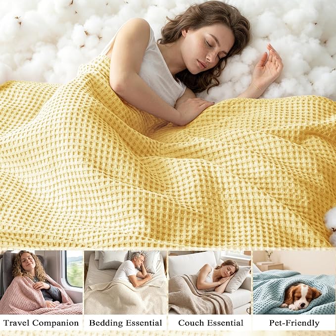 Exclusivo Mezcla Pre-Washed 100% Cotton Waffle Throw Blanket for Couch, 330GSM Lightweight Breathable Summer Blankets, Soft and Cozy, Room Decor, Yellow, 50x60 Inches