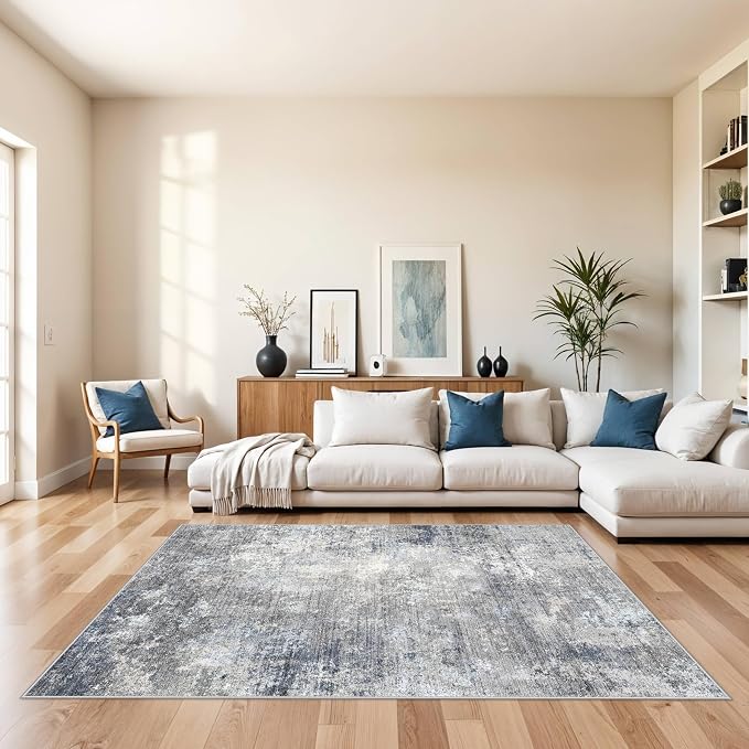 5x7 Washable Area Rug – Modern Neutral Abstract Rug for Living Room Bedroom Kitchen Dining Room Home Office – Non-Slip Low-Pile Thin Indoor Carpet with Rubber Backing (Blue Grey,5x7)