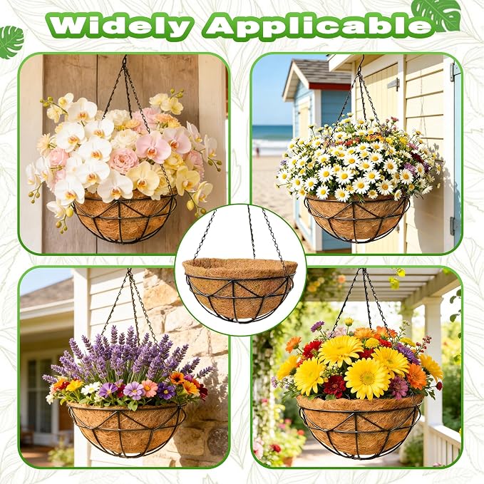 4 Pack 12 Inch Metal Outdoor Hanging Baskets Black Heavy Duty Hanging Planters with Coco Liners for Indoor Outdoor Plants Gardens Patios Terraces（Geometric）