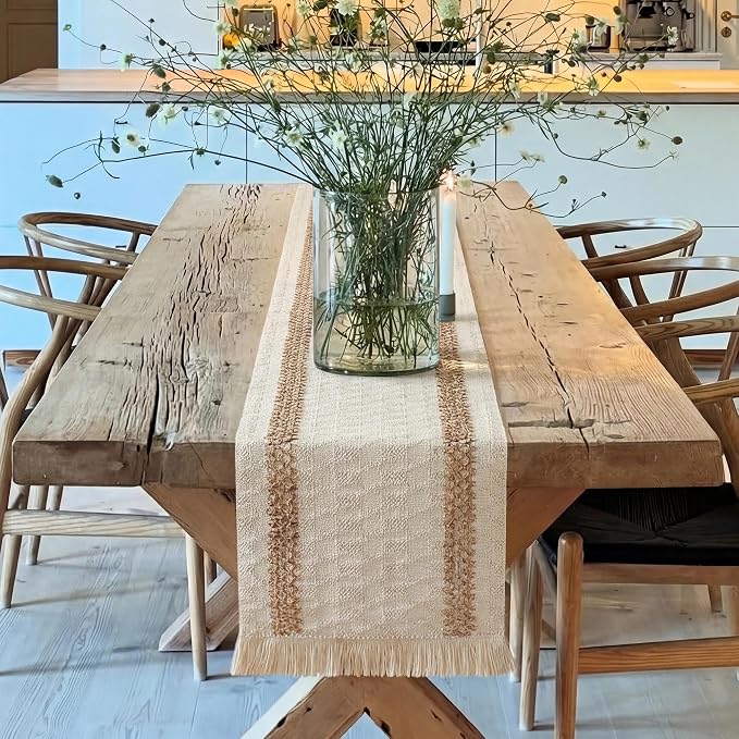 Farmhouse Decor Boho Table Runner with Macrame, Elegant Beige Brown Coffee Table Runners 90 Inches Long, Rustic Home Decor Boho Decorations for Dining Room Kitchen Baby Bridal Shower (12"×90")