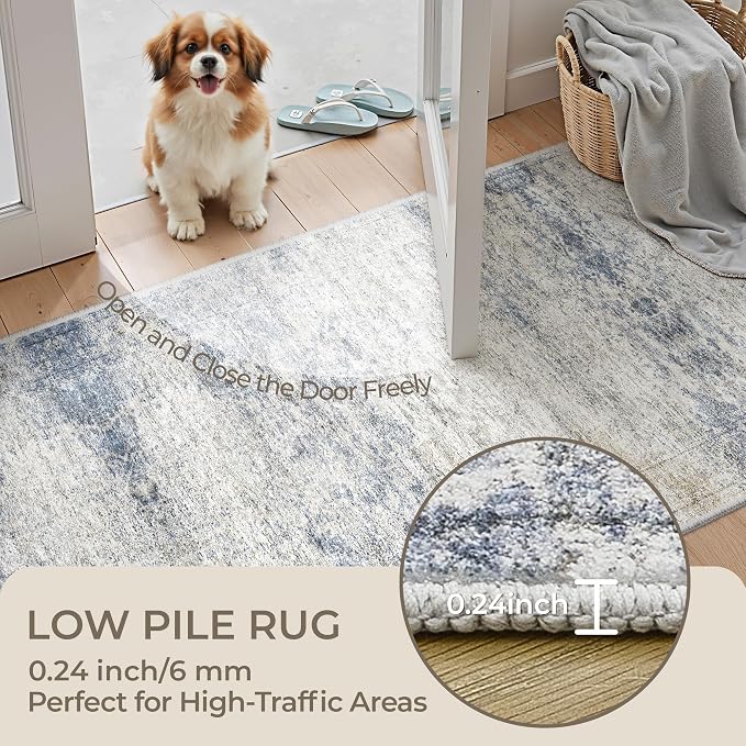 3x10 Runner Rug Non Slip Washable for Entryway, Vintage Hallway Runner for Front Porch, Laundry Room, Bedroom, Abstract Stain Resistant Indoor Kitchen Mats for Floor(3'x10',Blue/Brown/Ivory)