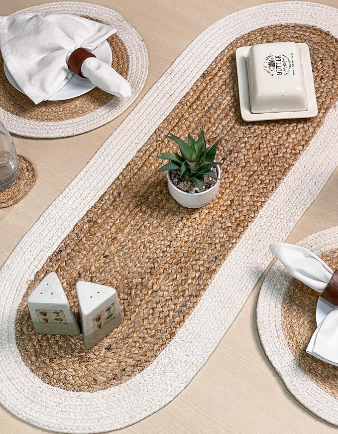 CHARDIN HOME Verona Oval Woven Jute & Cotton Braided Table Runner, Size -13 x 36 Inches, Color - Natural Jute with Ivory Border