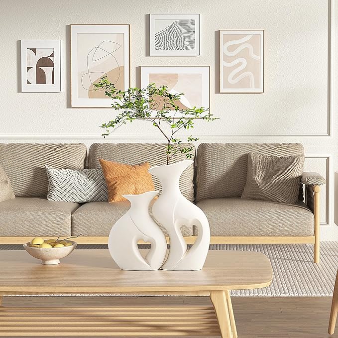 White Ceramic Vase Set of 2 for Home Decor,Minimalist Nordic Boho Vase for Decor,Flower Vases for Wedding,Living Room,Dining Table,Bedroom,Entryway,Office,Coffee Table Decor