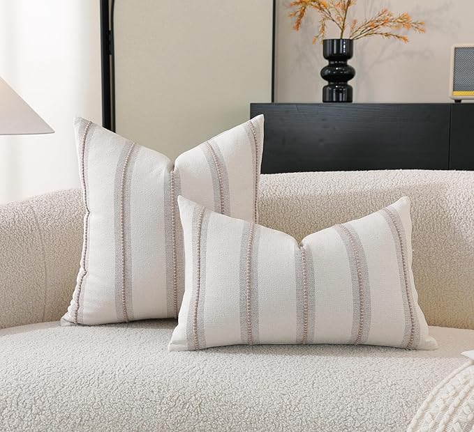 Cethom Boho Throw Pillow Covers 12x20 Set of 2, Taupe Striped Decorative Pillow Cases for Couch Chair Bed, Textured Farmhouse Modern Accent Cushion Covers for Living Room Bedroom Sofa Home Decor