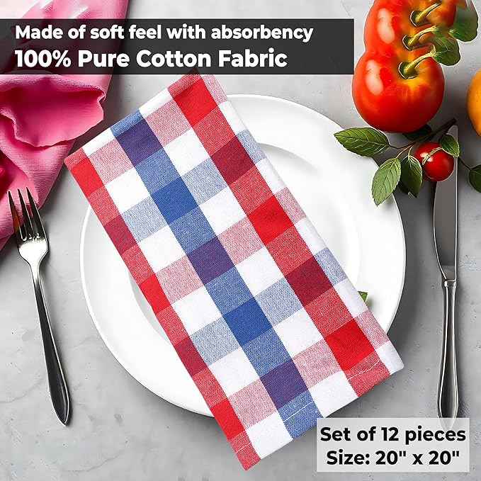 Urban Villa Cloth Napkins 100% Cotton Highly Absorbent Washable Durable Reusable Premium Dinner Napkins Ideal for Gifts for Mothers Day Hotel Farmhouse Parties - Red/Blue/White (20" x 20", Set of 6)