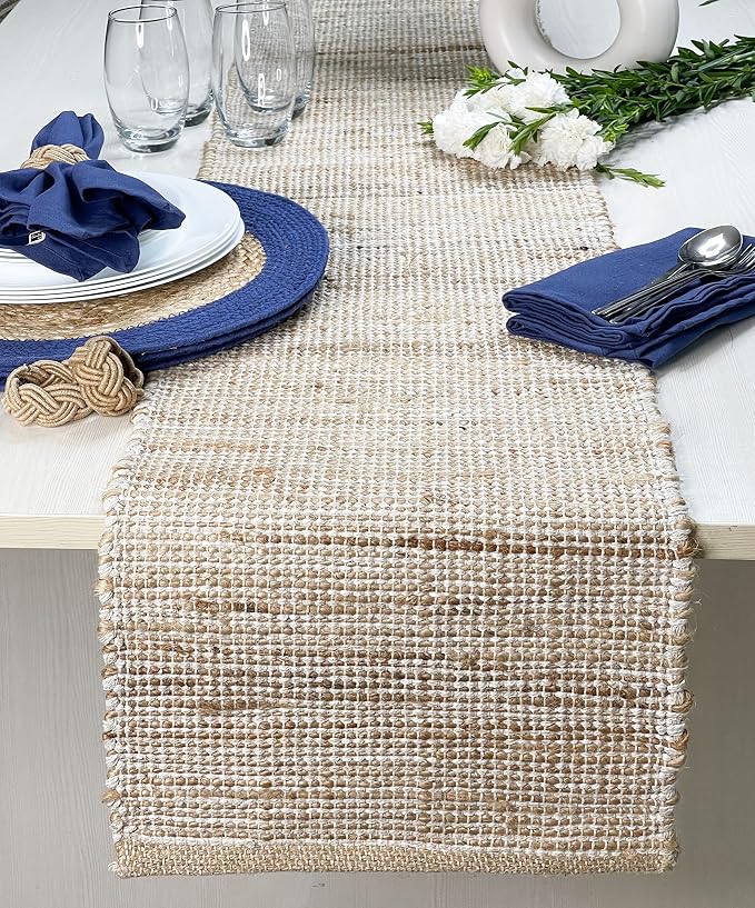 Chardin home Natural Jute Table Runner 13x90 Inch – Vintage Boho Rustic Table Decor – Handwoven Table Runner in Natural Jute and Ivory – Farmhouse Dining or Console Table Accent