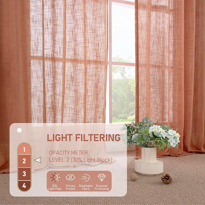 LAMIT Terracotta Linen Curtains 72 Inches Long for Living Room, Light Filtering Semi Sheer Panels Bronze Grommet Rustic Boho Fall Decor Window Drapes for Bedroom/Farmhouse, 2 Panels, 34 x 72 Inch