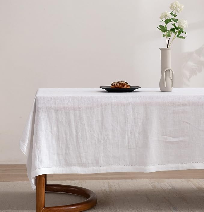 EVERLY Pure Linen Hemstitch Tablecloth,100% Stonewashed French Linen tablecloths for Kitchen Dining Rectangle Tables,60x120Inch Machine Washable Christmas Thanksgiving Organic Tablecloth-White