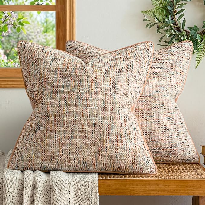 a moment Light Pink Reversible Pillow Covers 2 Pack - Farmhouse Chenille Velvet Throw Pillows, Neutral Textured Decorative Throw Pillow Covers with Border for Couch Sofa Bed (18x18 Inch, No Insert)