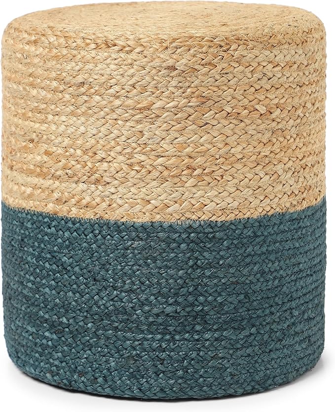 REDEARTH · Cylindrical Pouf Foot Stool Ottoman - Jute Braided Pouffe Poof Accent Sitting Footrest for Living Room, Bedroom, Nursery, Patio, Lounge (Natural Teal, 14.5"X14.5"X16")