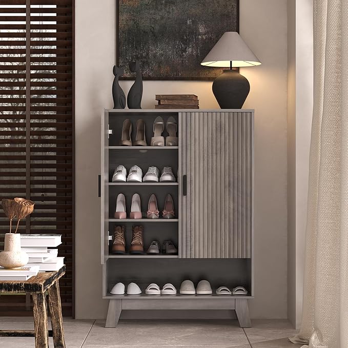 4-Tier Fluted Shoe Cabinet with 2 Doors & Open Shelf, Mid Century Modern Shoe Storage Organizer with Adjustable Shelves, Metal Handles & Wood Legs, Hidden Shoe Rack for Entryway, Hallway