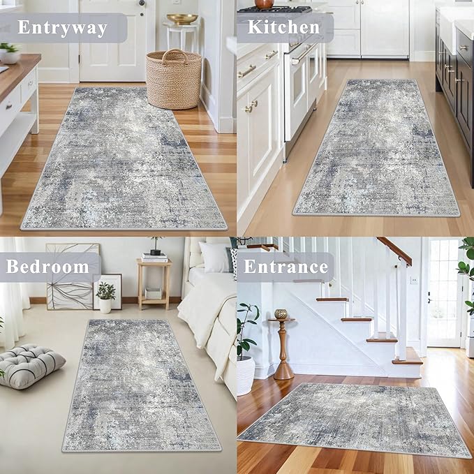 4x6 Rug Machine Washable Non-Slip – Soft Small Area Rug for Indoor Entryway Living Room Bedroom Kitchen – Modern Abstract Neutral Low Pile Carpet（Blue Grey,4x6）