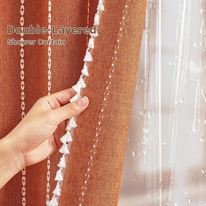 BTTN 3 in 1 Shower Curtain with Liner, 84 Extra Long Boho Linen Striped Cloth Shower Curtain Set with Hook, Tall Farmhouse Bohemian Waterproof Fabric Shower Curtain for Bathroom, Burnt Orange, 72x84